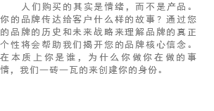 人们购买的其实是情绪，而不是产品。你的品牌传达给客户什么样的故事？通过您的品牌的历史和未来战略来理解品牌的真正个性将会帮助我们揭开您的品牌核心信念。在本质上你是谁，为什么你做你在做的事情，我们一砖一瓦的来创建你的身份。