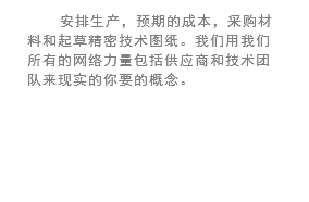 安排生产，预期的成本，采购材料和起草精密技术图纸。我们用我们所有的网络力量包括供应商和技术团队来现实的你要的概念。 