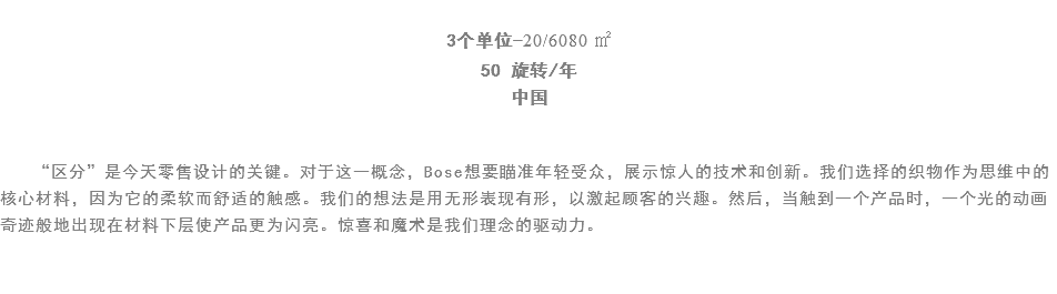 
3个单位-20/6080 ㎡
50 旋转/年
中国 “区分”是今天零售设计的关键。对于这一概念，Bose想要瞄准年轻受众，展示惊人的技术和创新。我们选择的织物作为思维中的核心材料，因为它的柔软而舒适的触感。我们的想法是用无形表现有形，以激起顾客的兴趣。然后，当触到一个产品时，一个光的动画奇迹般地出现在材料下层使产品更为闪亮。惊喜和魔术是我们理念的驱动力。