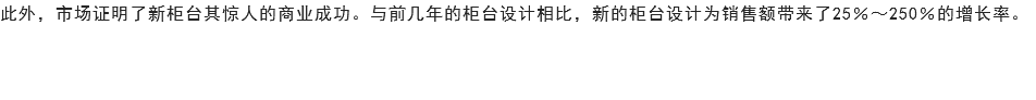 此外，市场证明了新柜台其惊人的商业成功。与前几年的柜台设计相比，新的柜台设计为销售额带来了25％～250％的增长率。